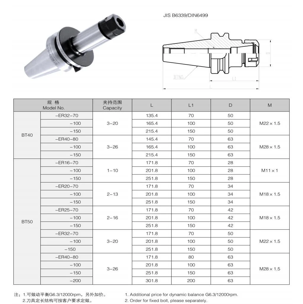 CNC Machine Tools Tool Holder High Speed Tooling System BT50-ER25-100 BT-ER Series BT30 BT40 BT50 Collet Chuck